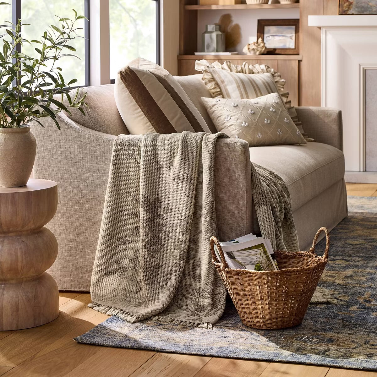 Woven Floral and Leaves Pattern Throw with Fringe