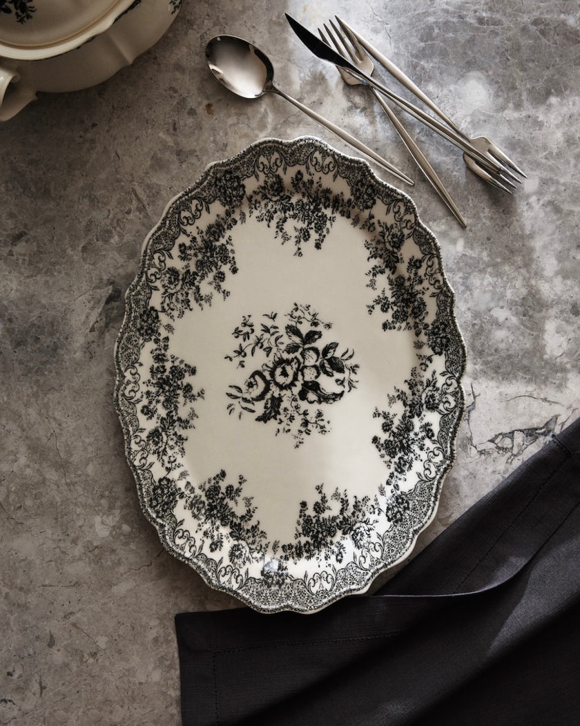 Floral Earthenware Serving Platter in Black
