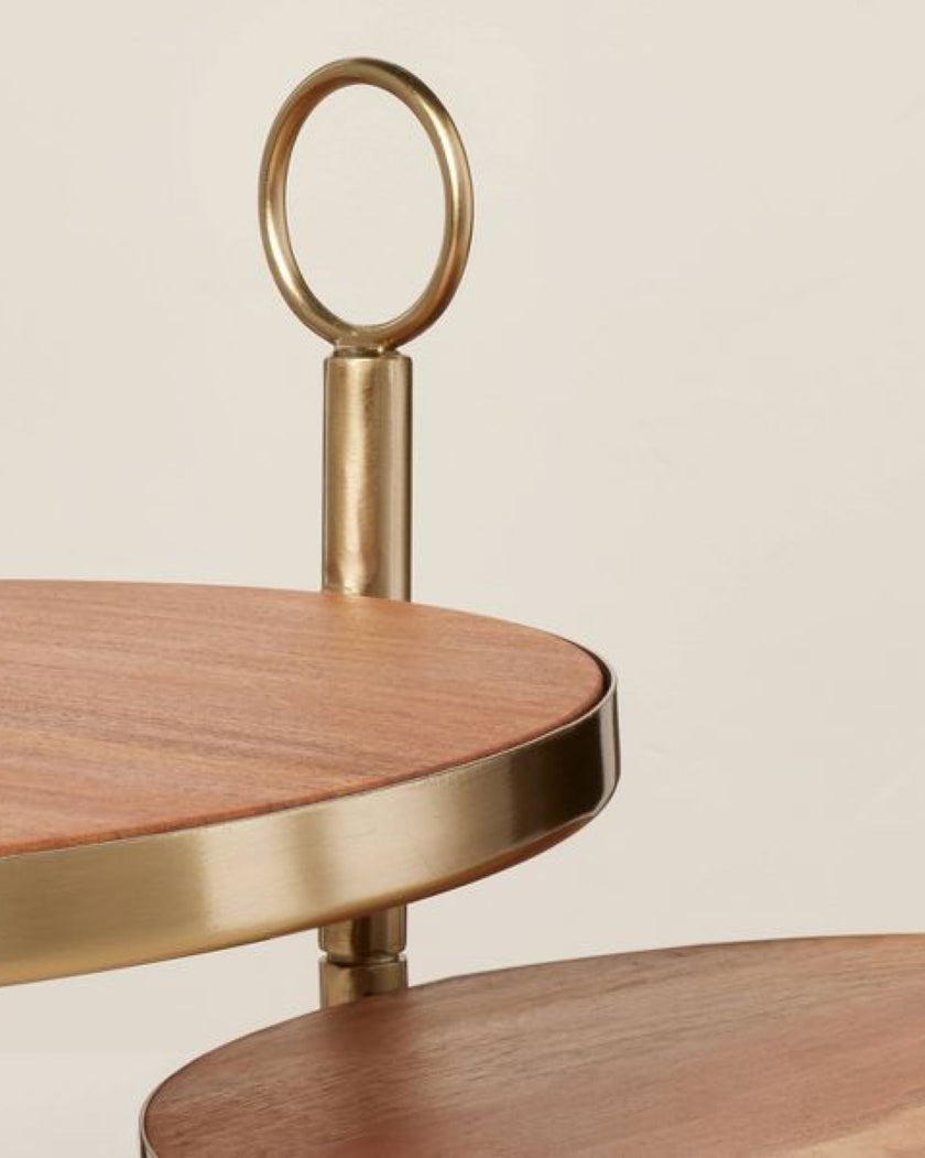 [imperfect] Tiered Wood & Metal Nested Round Serving Stand Brass/Brown
