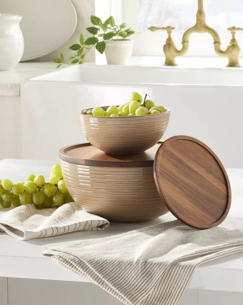 Ribbed Stoneware Serving Bowls with Wood Lids Blush/Brown (Set of 2)