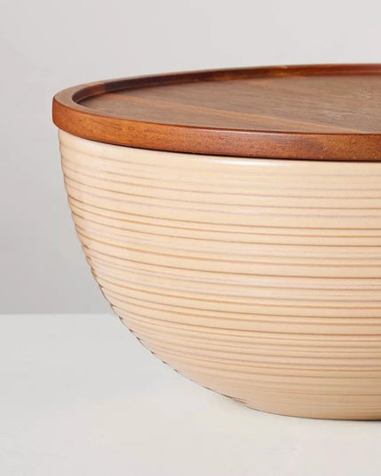 Ribbed Stoneware Serving Bowls with Wood Lids Blush/Brown (Set of 2)
