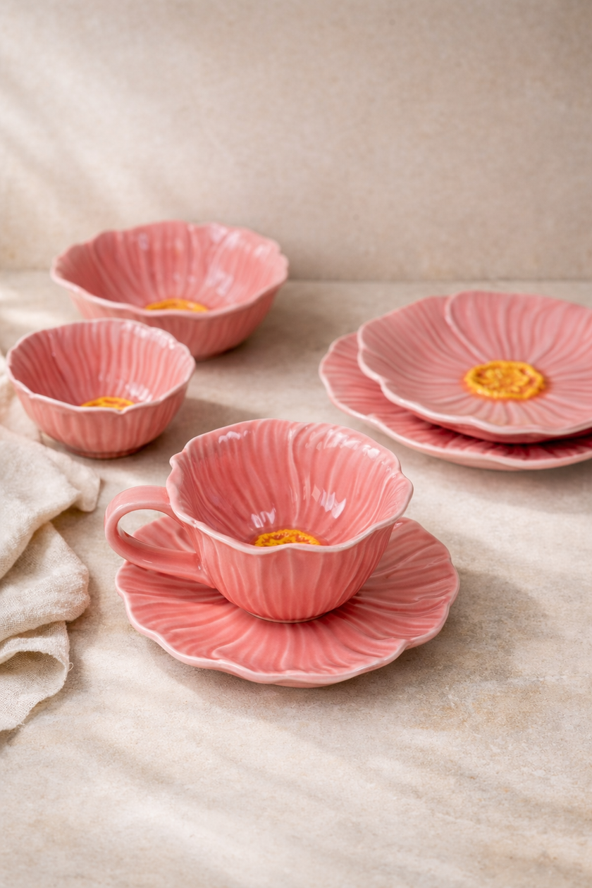 Pastel Floral Mug & Saucer (Rose Pink)