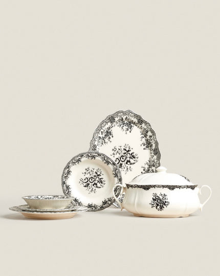 Floral Earthenware Dinnerware Set in Black