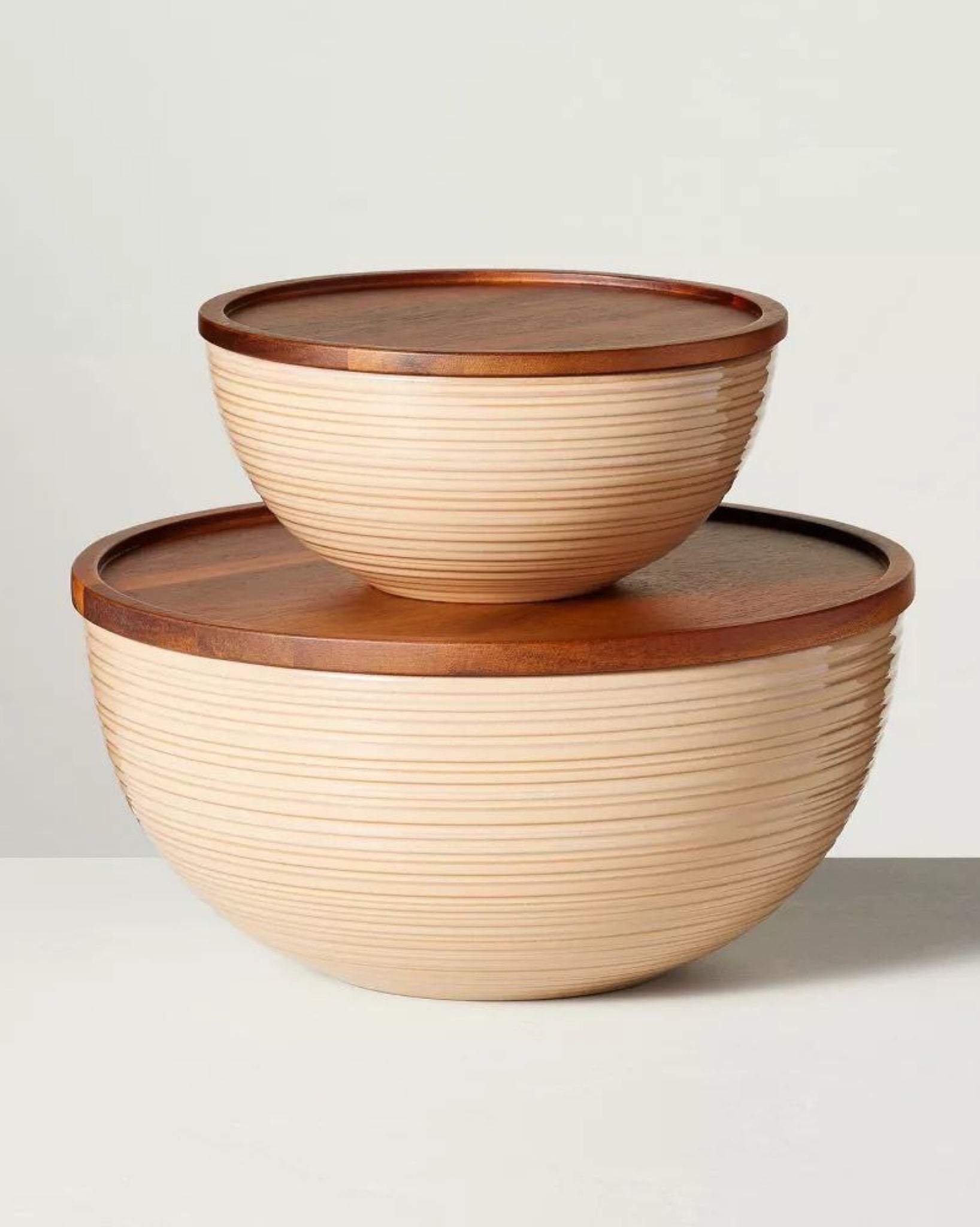 Ribbed Stoneware Serving Bowls with Wood Lids Blush/Brown (Set of 2)