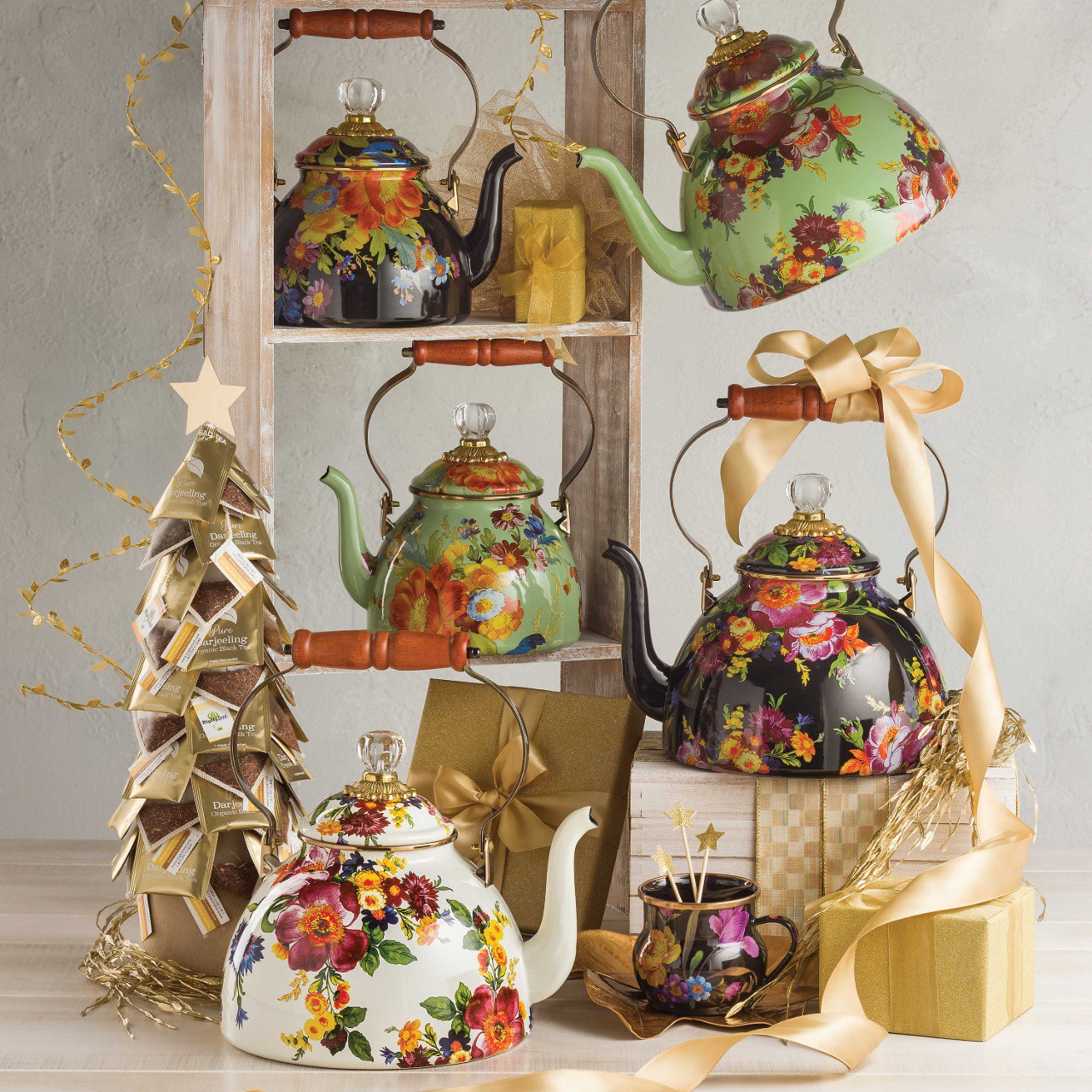 Black Flower Market Tea Kettle