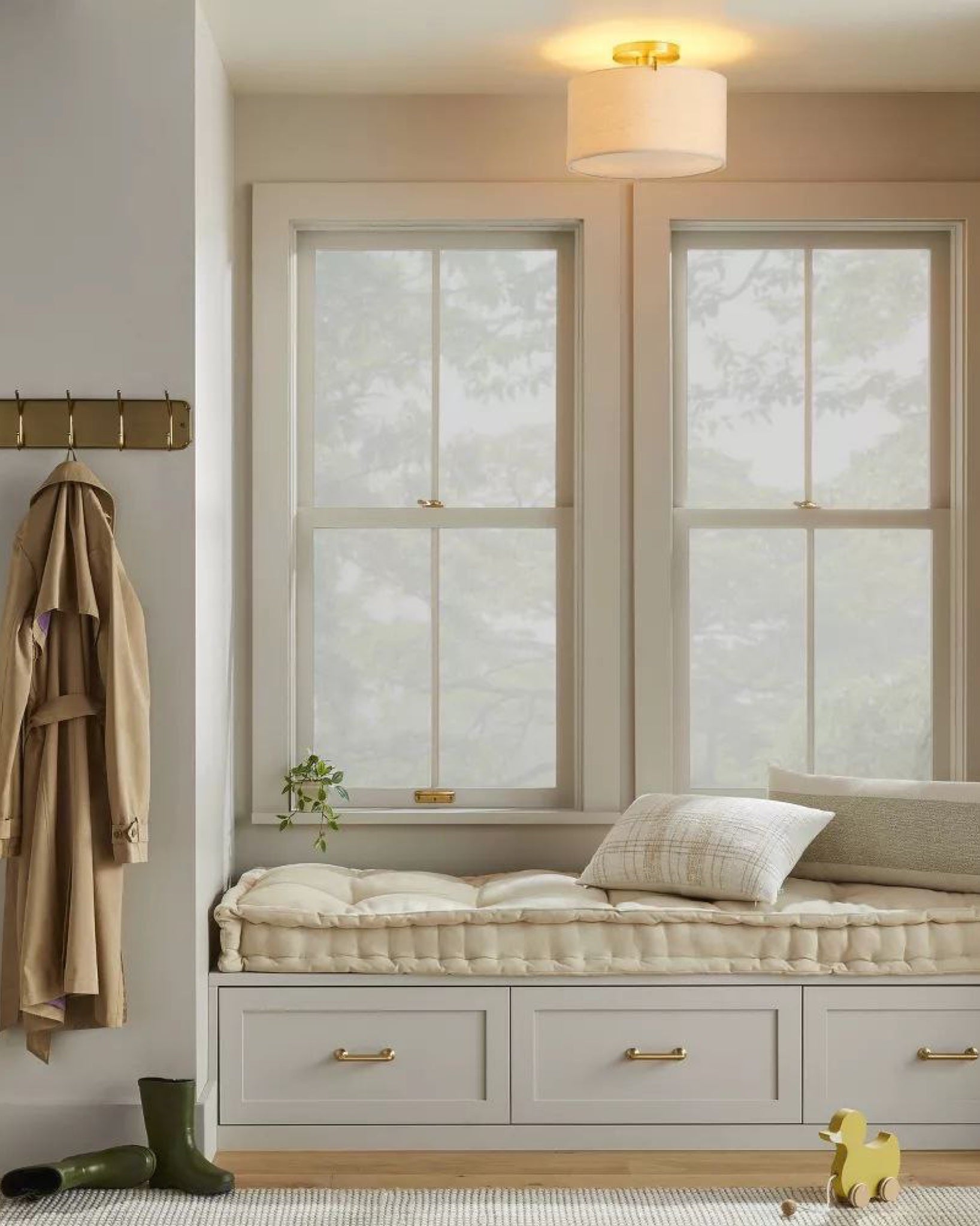 Fabric Shade Semi-Flush Mount Ceiling Light Brass/Oatmeal