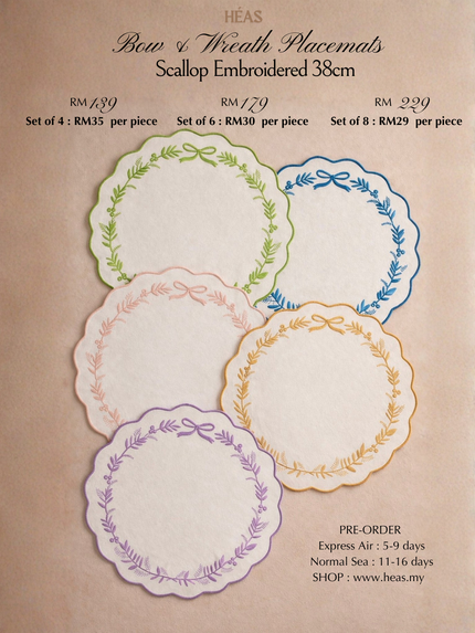 Embroidered Scallop Placemat – Bow Wreath 38cm