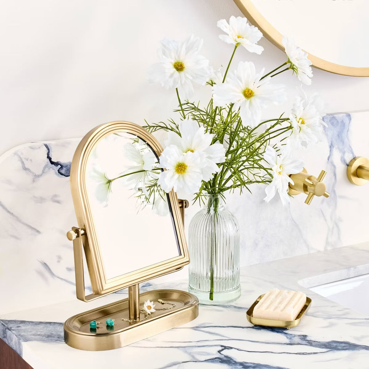 Arch Vanity Mirror with Tray Brass Finish