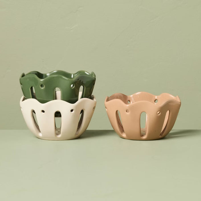 Set of 3 Stoneware Wavy Edge Mini Berry Serving Bowls Tan/Green/Cream