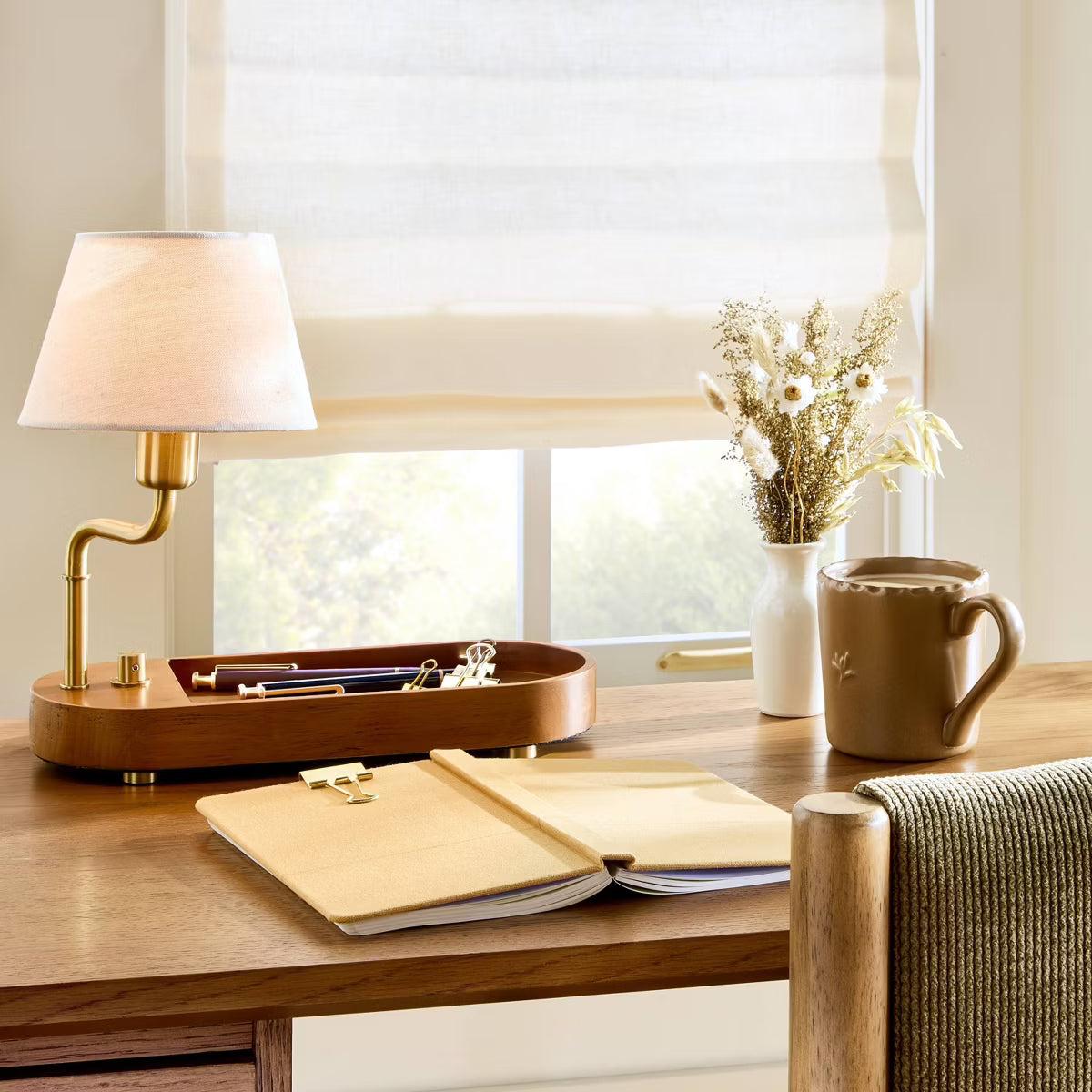 Swivel Accent Table Lamp with Mid Tone Wood Tray