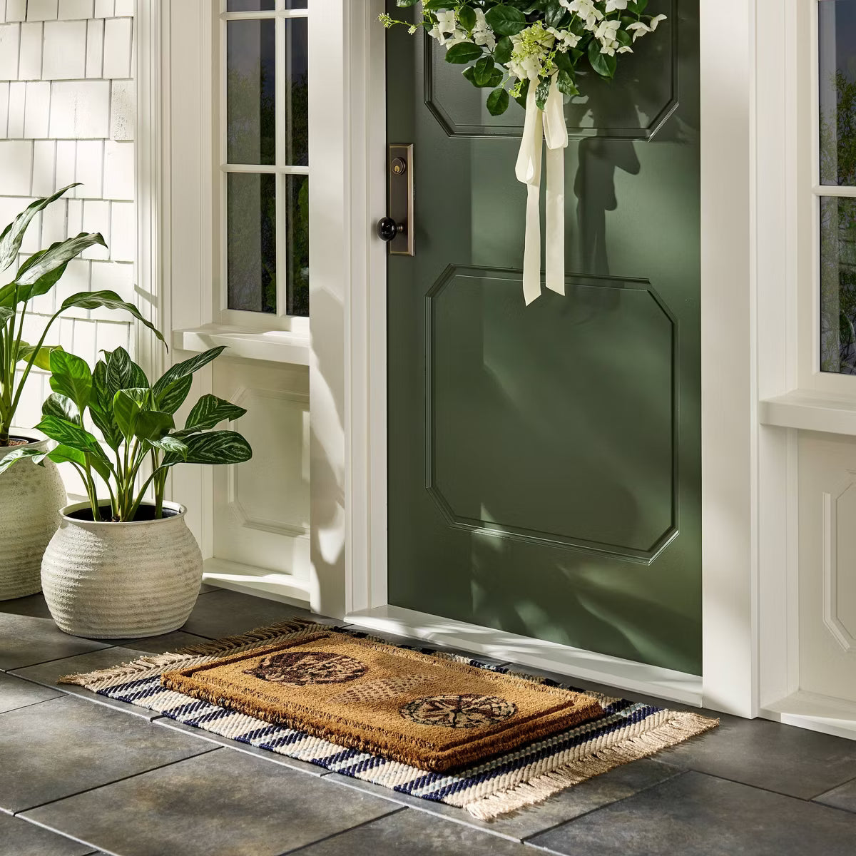 Embossed Seashells Coir Doormat Natural/Blue