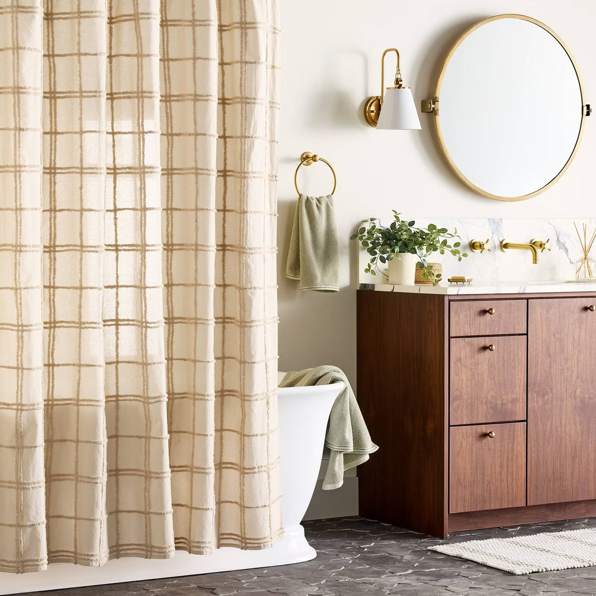 Tufted Grid Shower Curtain Tan