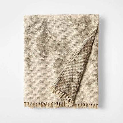 Woven Floral and Leaves Pattern Throw with Fringe