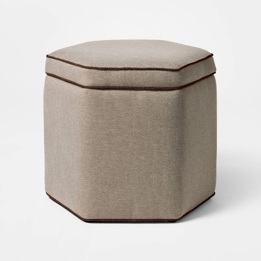 Storage Ottoman with Twisted Piping Detail Brown Linen