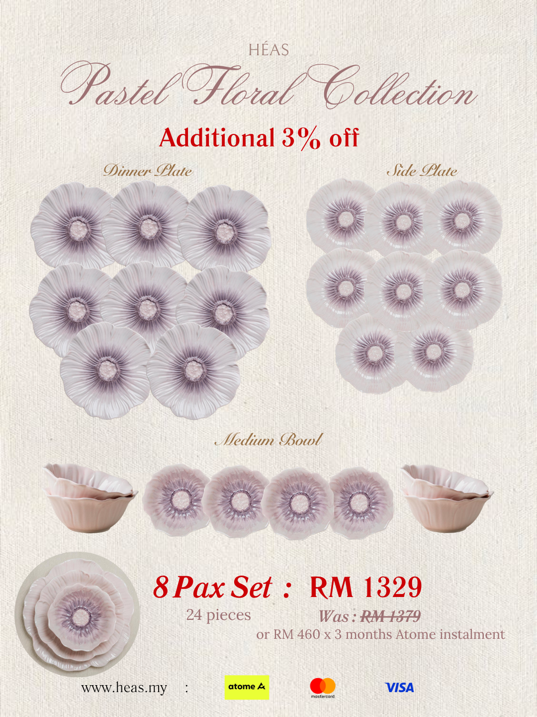 Pastel Floral Dinnerware Lilac Bloom (8 Pax Set – 24 pieces)