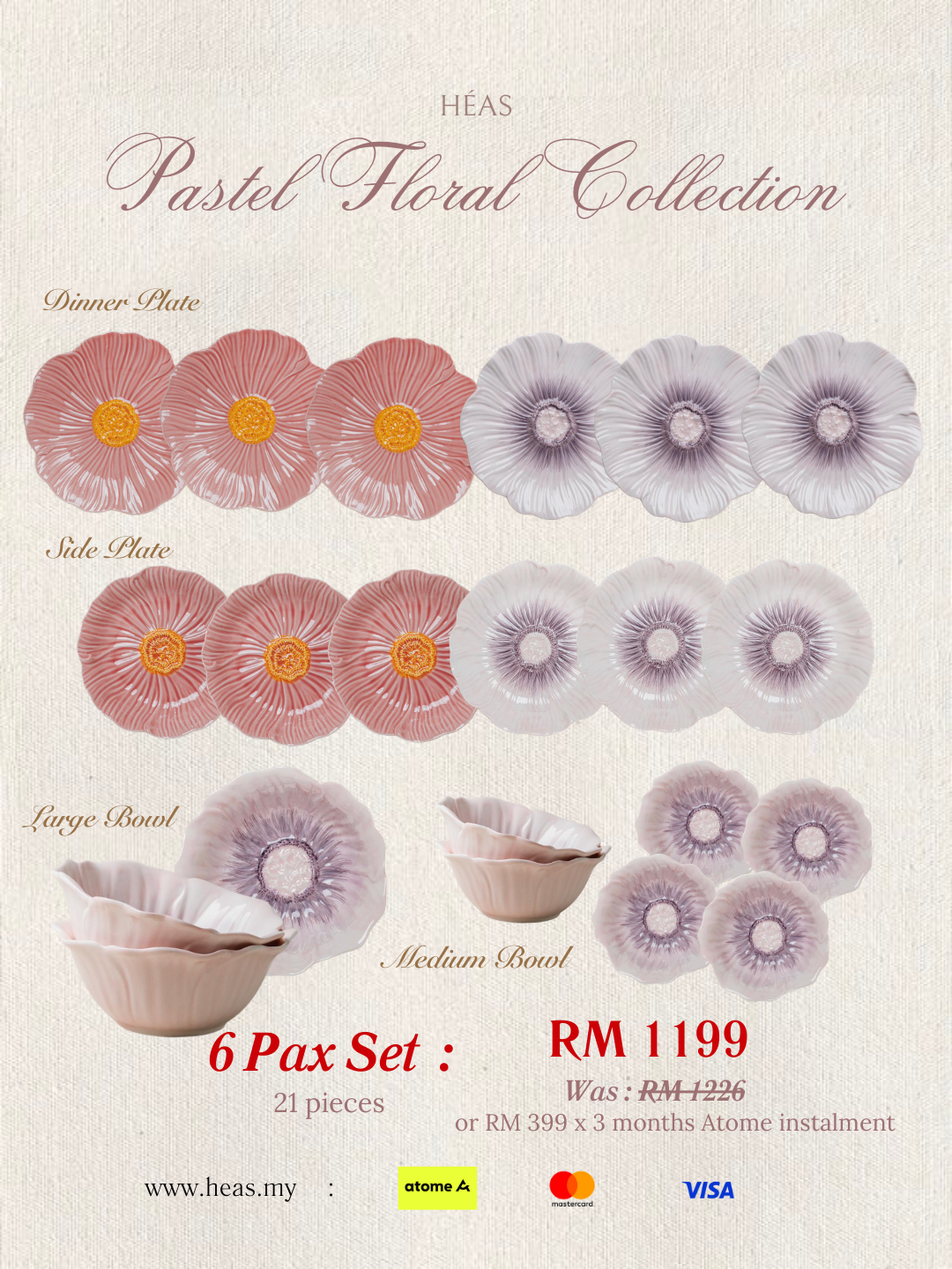 Pastel Floral Dinnerware MIX COLOURS Ver 2 (6 Pax Set – 21 pieces)