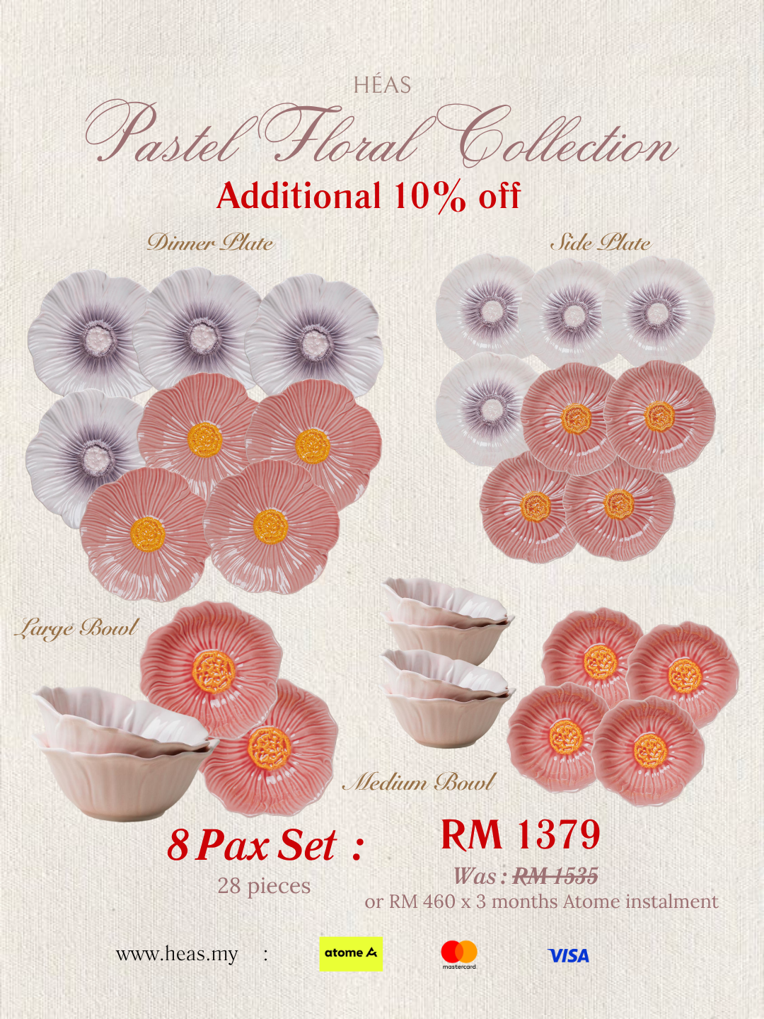 Pastel Floral Dinnerware MIX COLOURS (8 Pax Set – 28 pieces) - Dual Mix