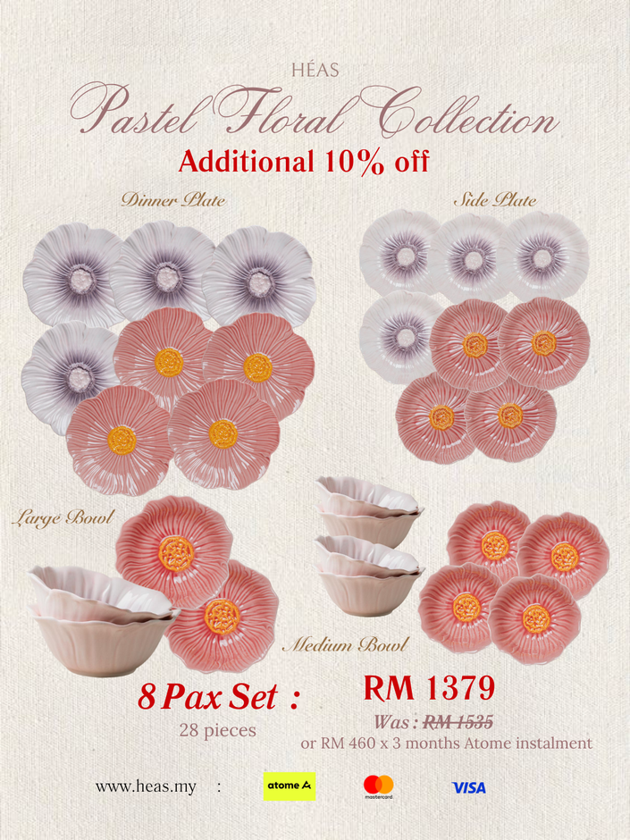 Pastel Floral Dinnerware MIX COLOURS (8 Pax Set – 28 pieces) - Dual Mix