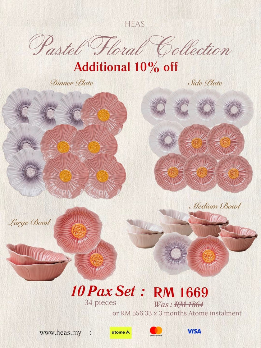 Pastel Floral Dinnerware MIX COLOURS (10 Pax Set – 34 pieces) - Dual Mix