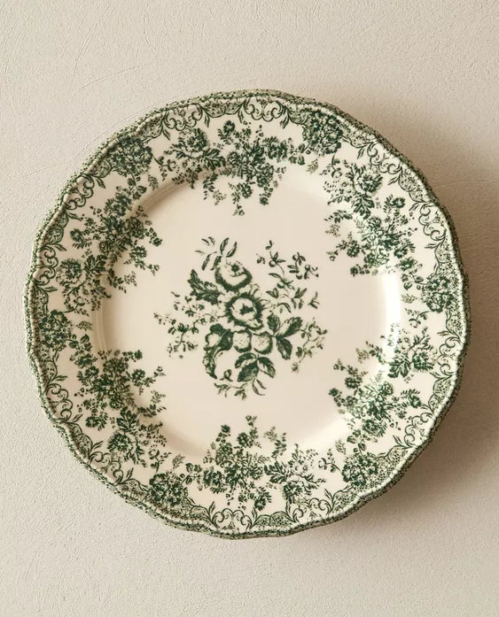 Floral Earthenware Dinner Plate Olive Green