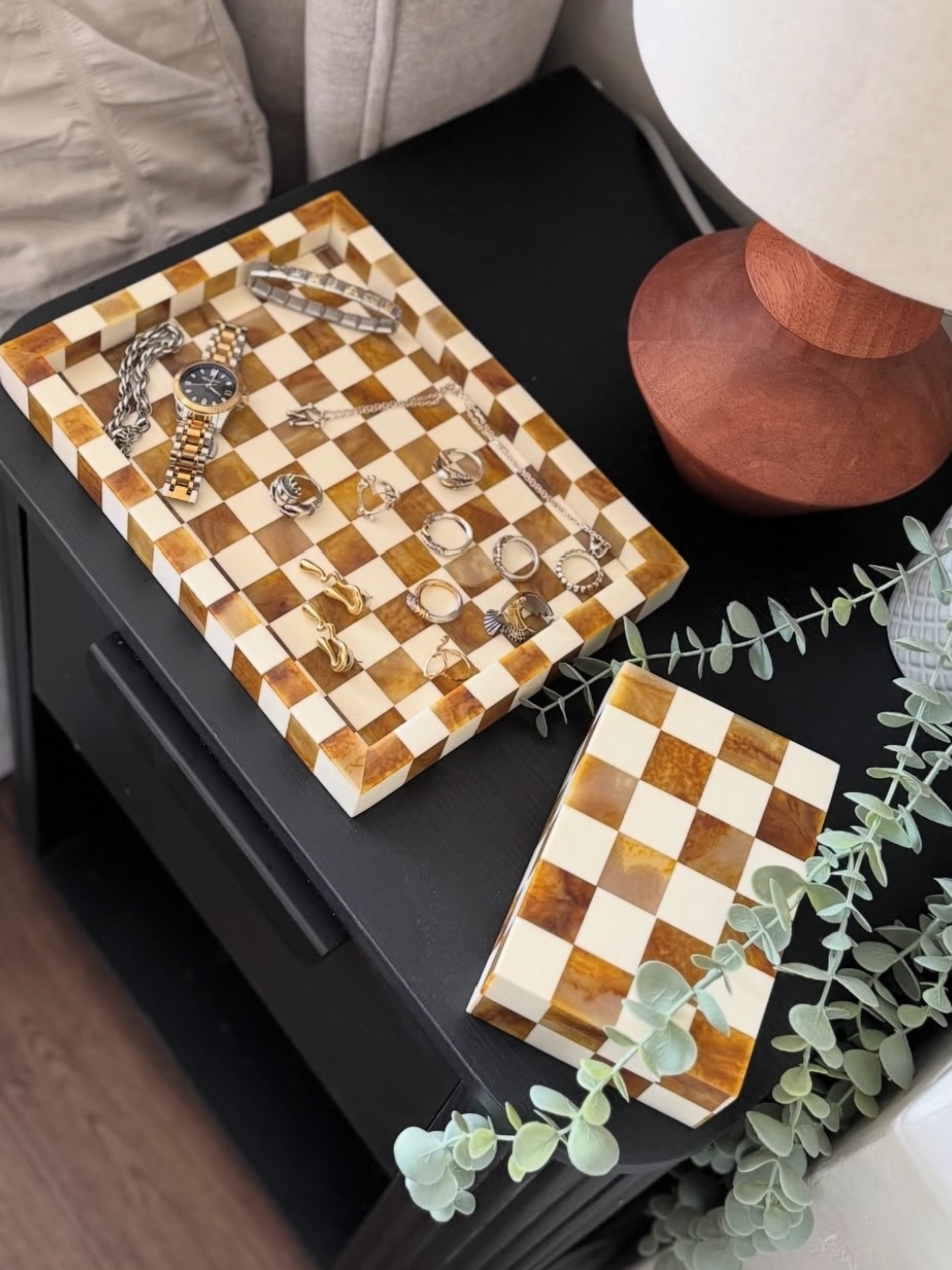 Vintage Luxury Brown/Cream Checked Decorative Tray