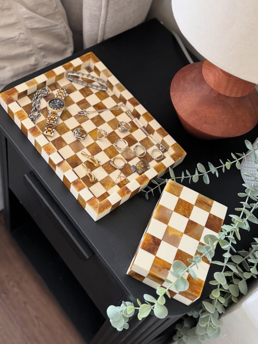 Vintage Luxury Brown/Cream Checked Decorative Tray