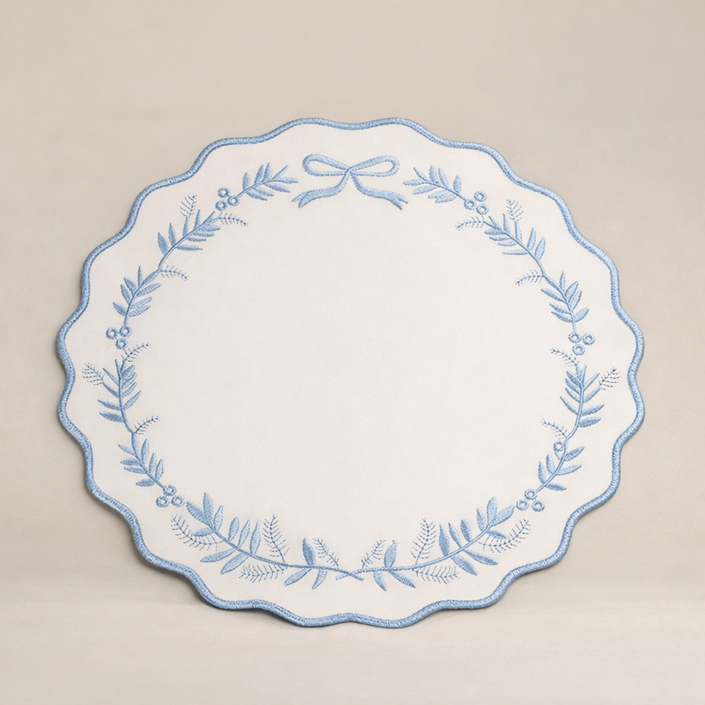 Embroidered Scallop Placemat – White with Blue Bow Wreath 38cm