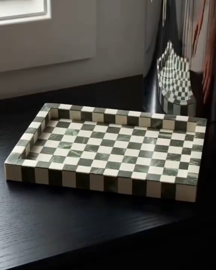 Vintage Luxury Moss Green/Cream Checked Decorative Tray