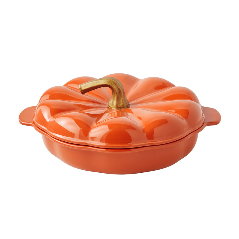 Pumpkin Serving Dish in Orange with Gold Handle