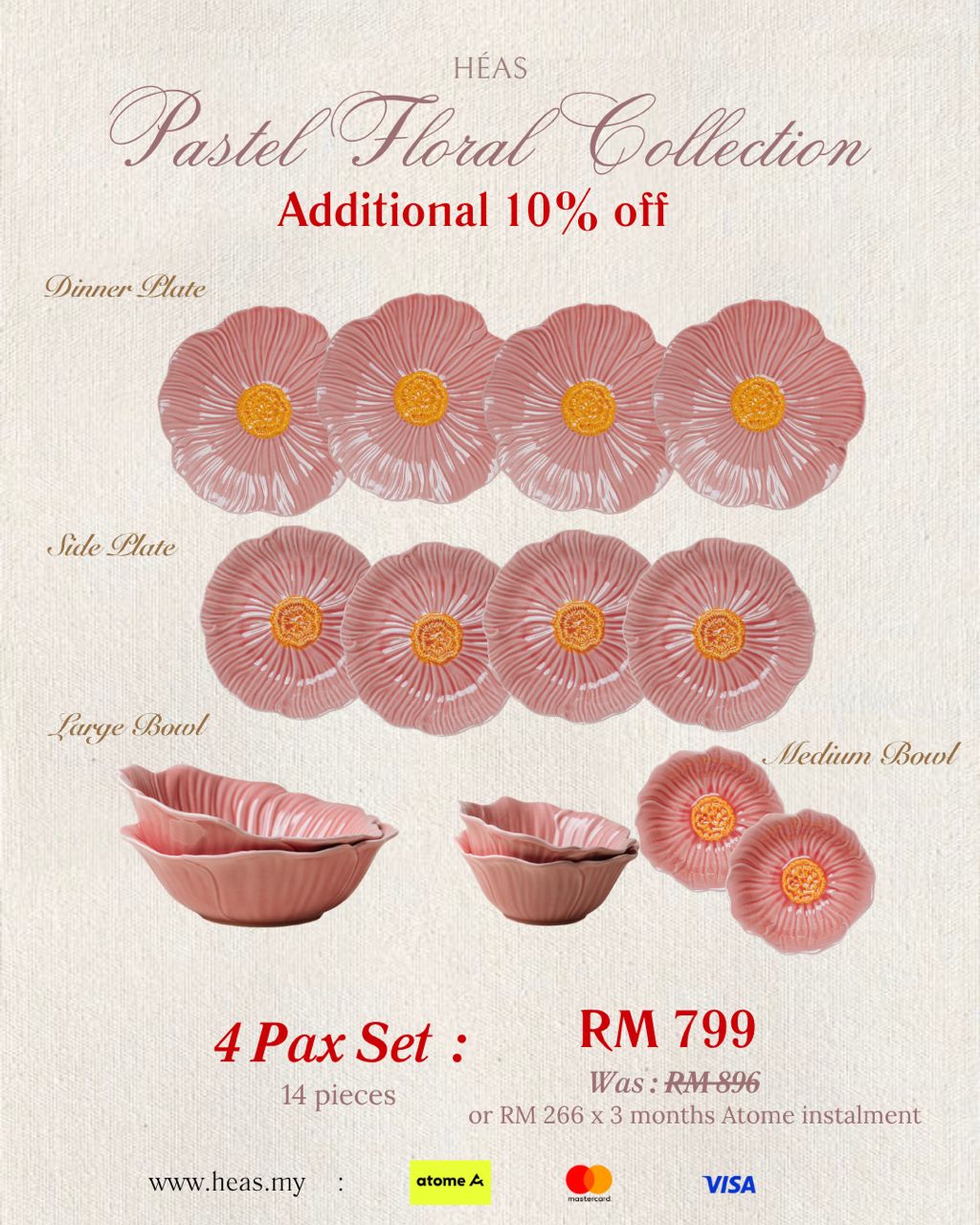 Pastel Floral Dinnerware Rose Pink (4 Pax Set – 14 pieces)