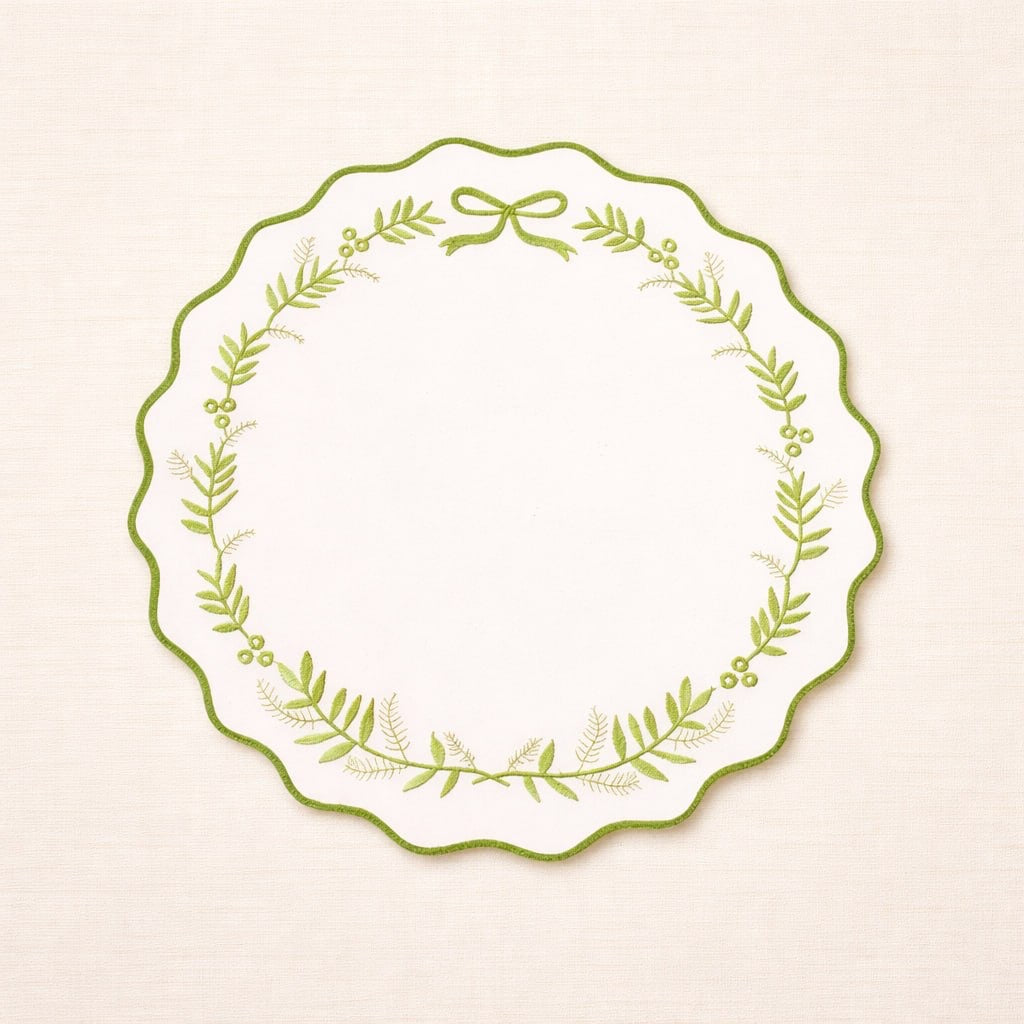 Embroidered Scallop Placemat – Bow Wreath 38cm