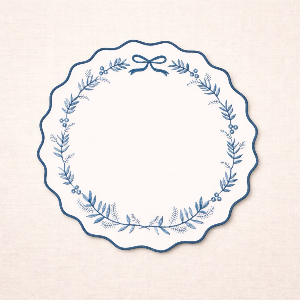 Embroidered Scallop Placemat – Bow Wreath 38cm