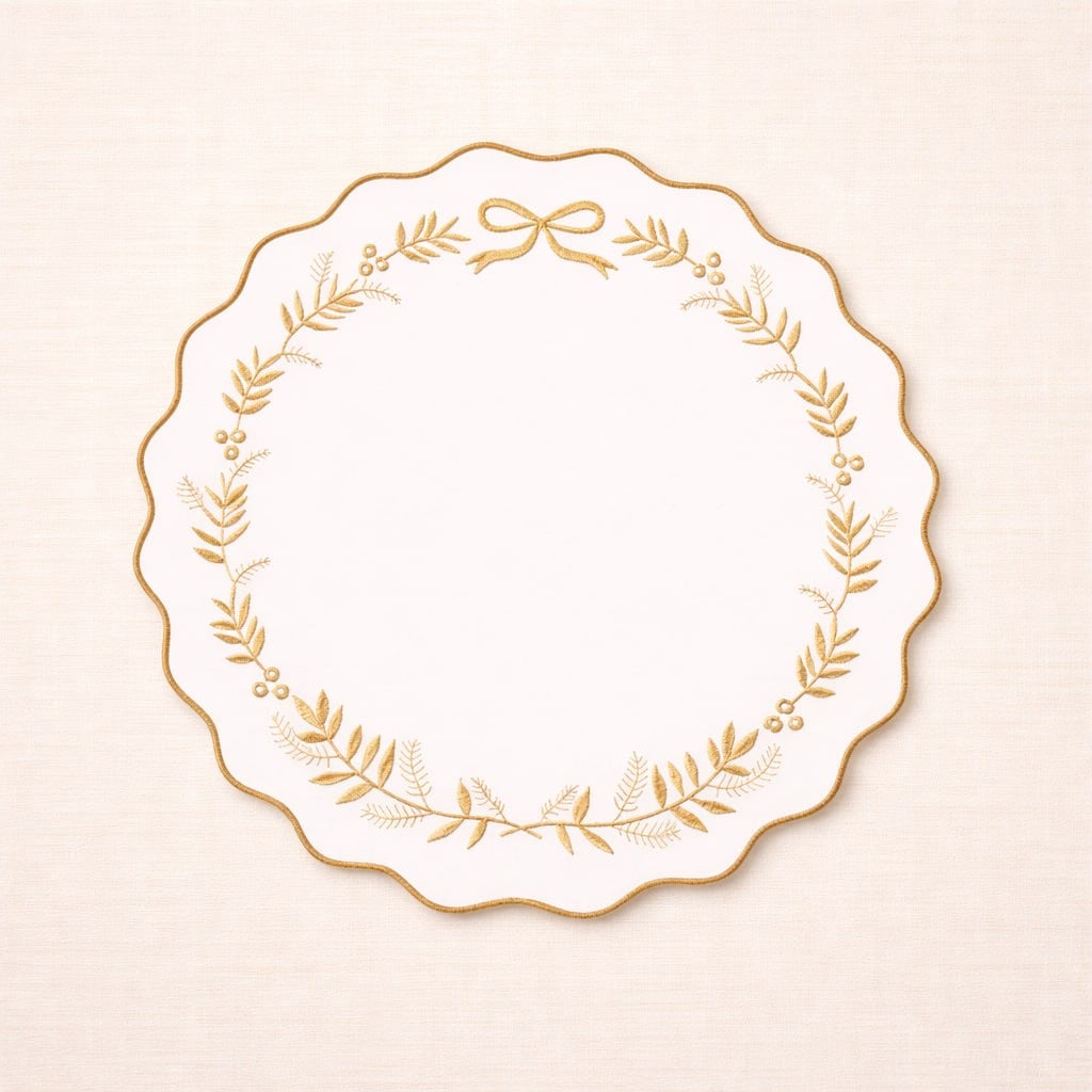 Embroidered Scallop Placemat – Bow Wreath 38cm