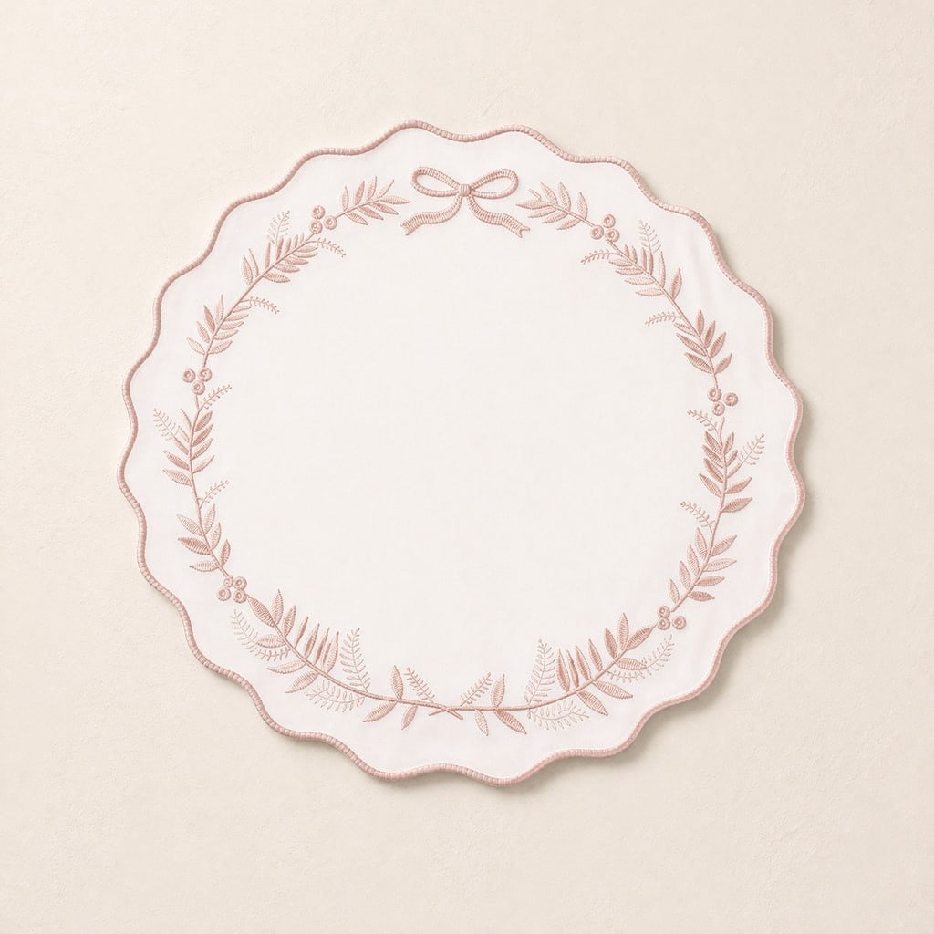 Embroidered Scallop Placemat – Bow Wreath 38cm