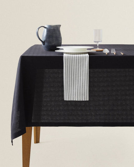 Cotton Stitched Design Tablecloth in Ash Black 6-8pax