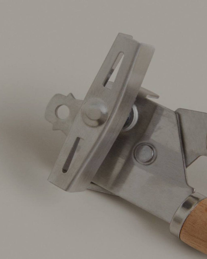 Steel and Acacia Tin Opener