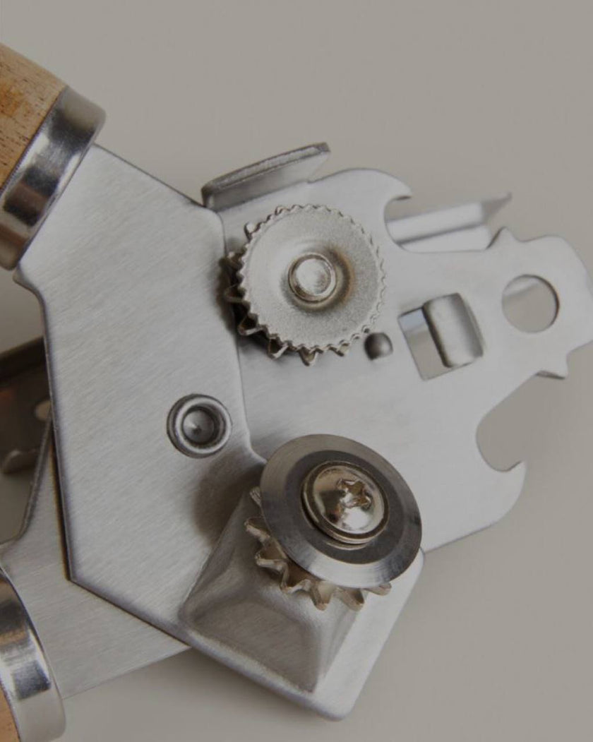 Steel and Acacia Tin Opener
