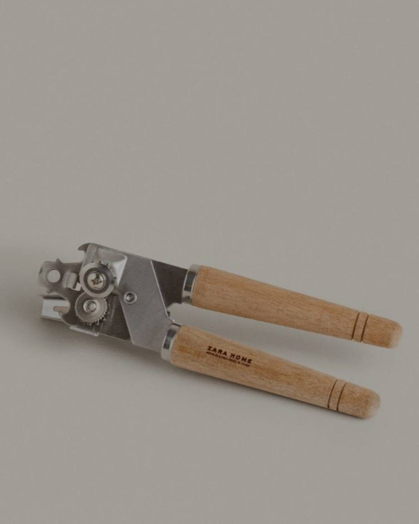 Steel and Acacia Tin Opener