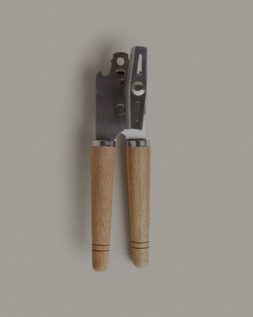 Steel and Acacia Tin Opener