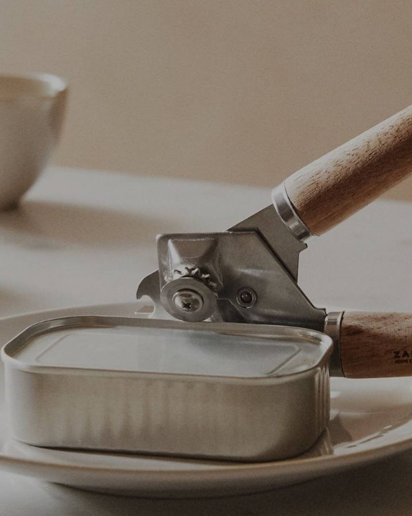 Steel and Acacia Tin Opener