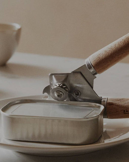 Steel and Acacia Tin Opener