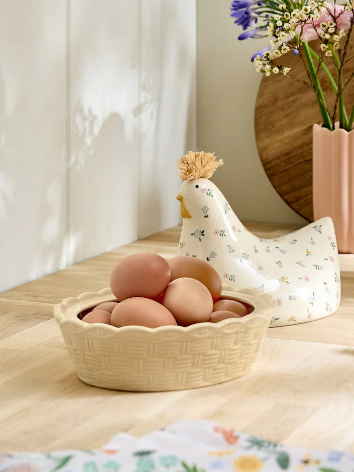 Cream Floral Ceramic Chicken Egg House