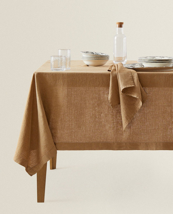 Hemstitched Linen Dark Brown Tablecloth (6-8pax)