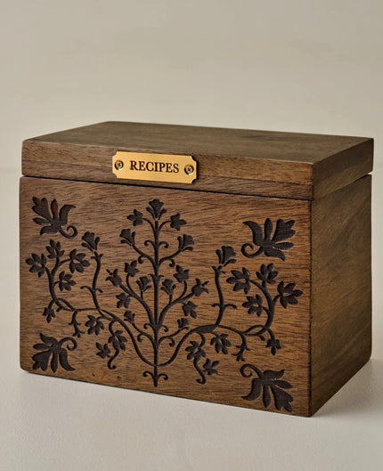 Magnolia Carved Wood Recipe Box