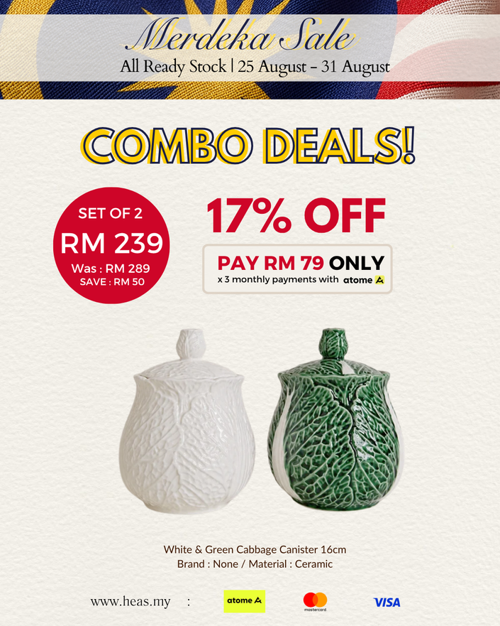 Set of 2 Green and White Cabbage Canister 16cm