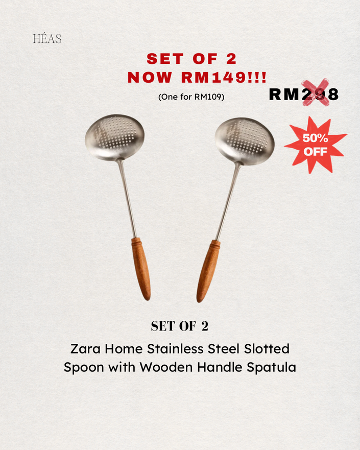 COMBO DEAL Set of 2 Stainless Steel Slotted Spoon With Wooden Handle Spatula