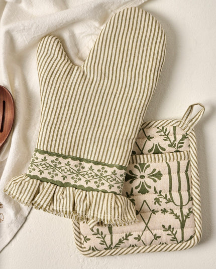 Magnolia Olive Pin Stripe Oven Mitt + Pot Holder Set