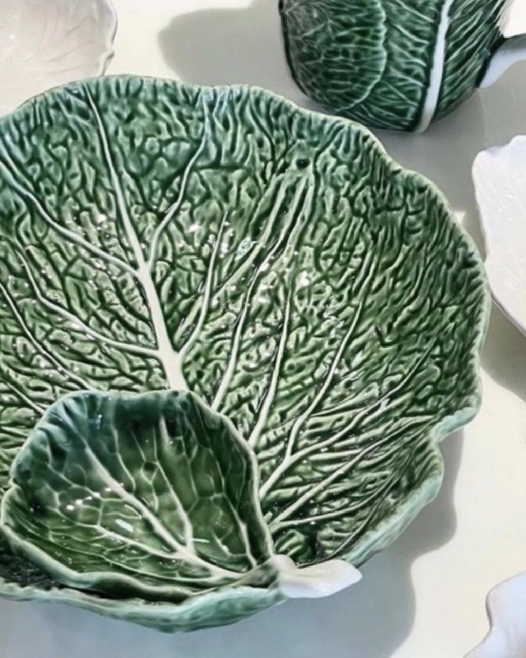 Green Cabbage Leaf Serving Bowl With Dip Bowl