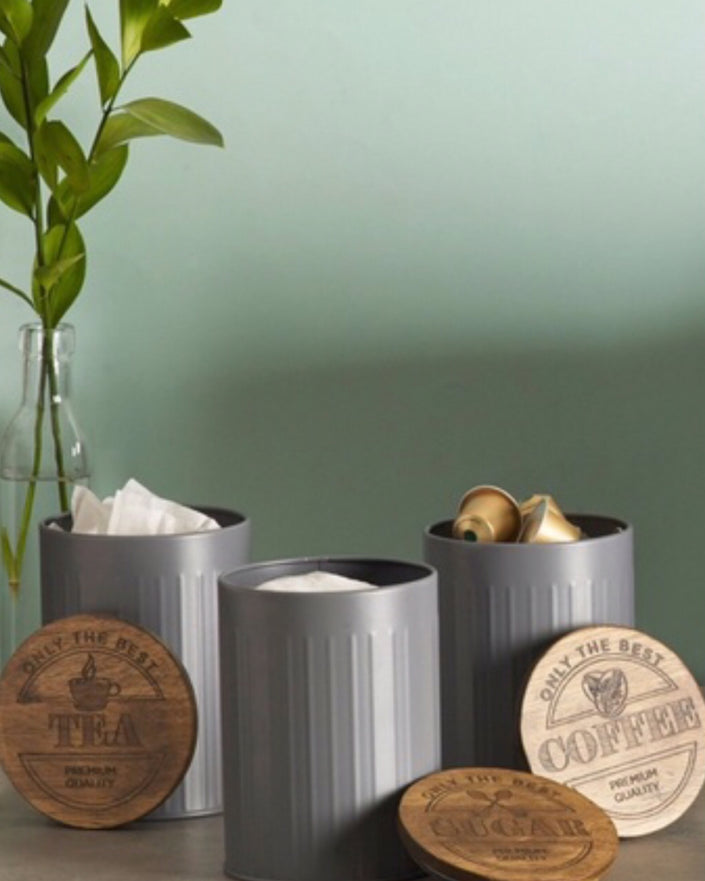 Wooden Lid Storage Tins Set Of 3