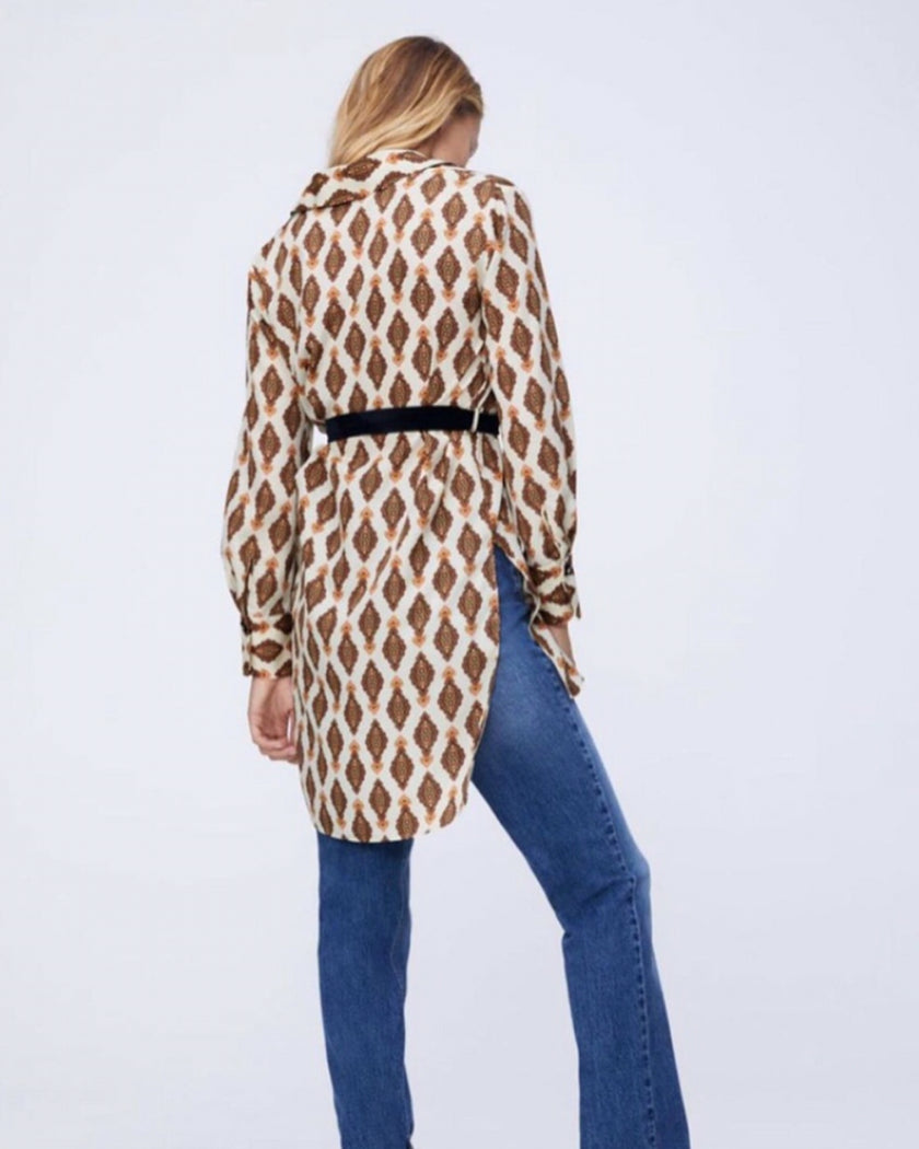 Printed Oversize Blouse With Velvet Tie in M